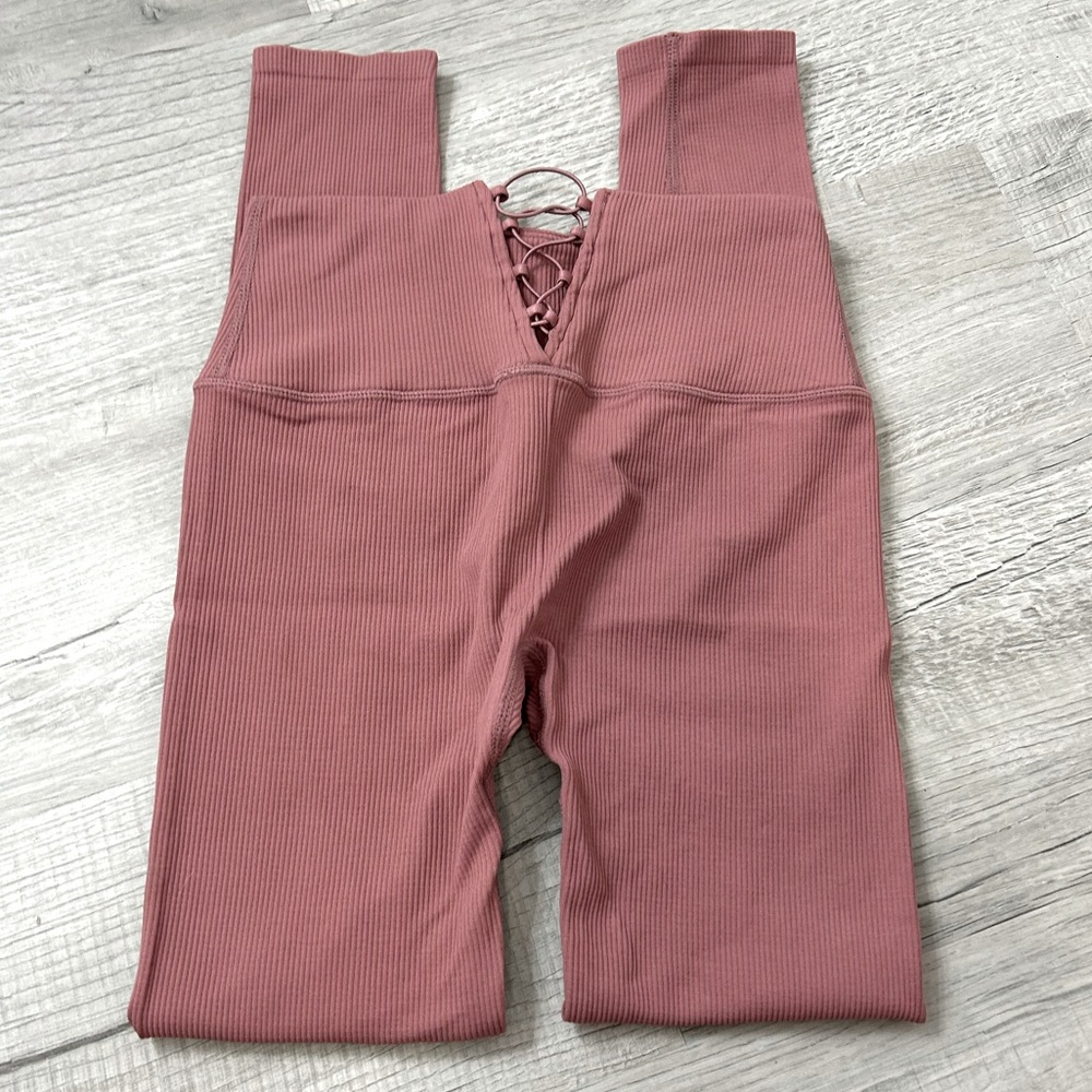 Cute Mauve Pink Back Lace Up Ribbed Leggings - Size Xs/Small